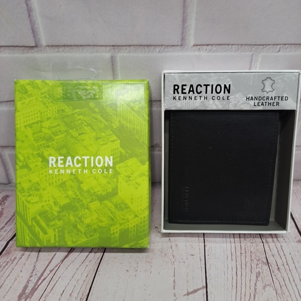 Reaction Kenneth Cole Men's Handcrafted Black Leather Wallet Multi Slots NIB